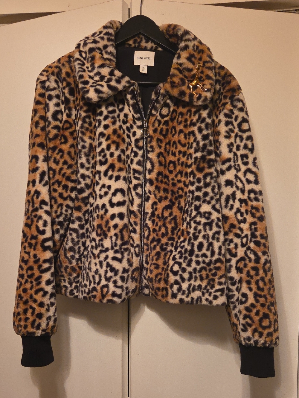 Nine West Leopard Faux Fur Bomber Jacket in Tan, Black & White